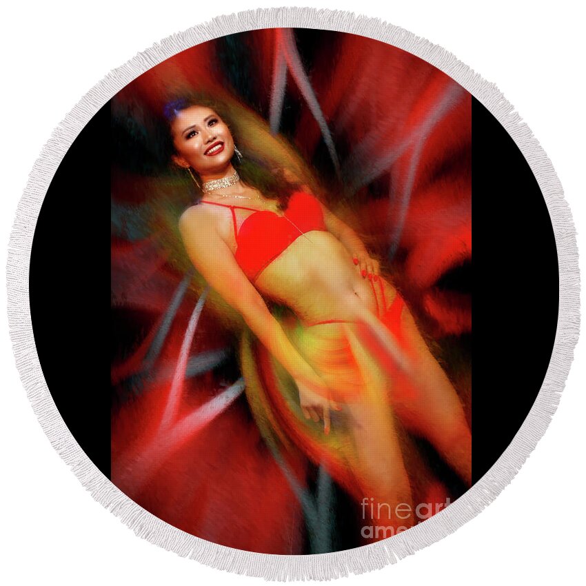 Emmeline Ye Round Beach Towel featuring the photograph Emmeline Ye Red Suit by Blake Richards