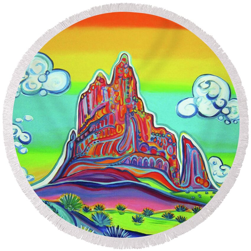 Shiprock Round Beach Towel featuring the painting Enchanted Shiprock by Rachel Houseman