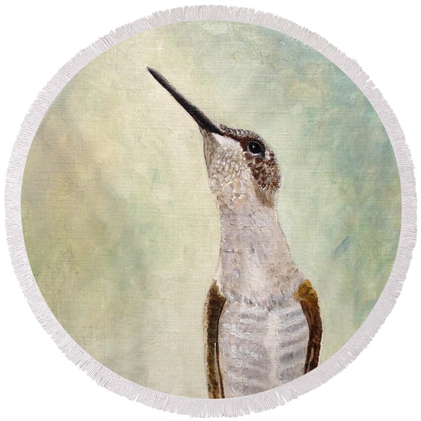 Hummingbird Round Beach Towel featuring the painting Enchanting Wand - Ruby-throated Hummingbird by Angeles M Pomata
