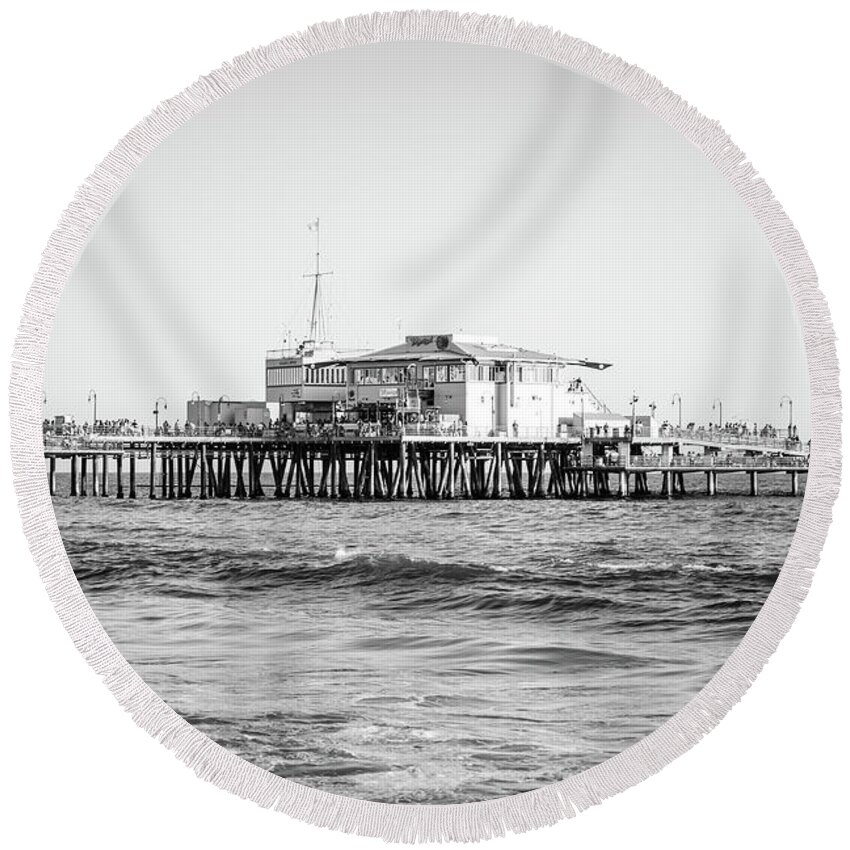 America Round Beach Towel featuring the photograph End of Santa Monica Pier Black and White Photo by Paul Velgos