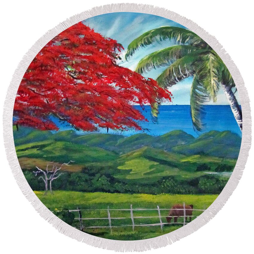 Flamboyan Tree Round Beach Towel featuring the painting Envigorating by Luis F Rodriguez