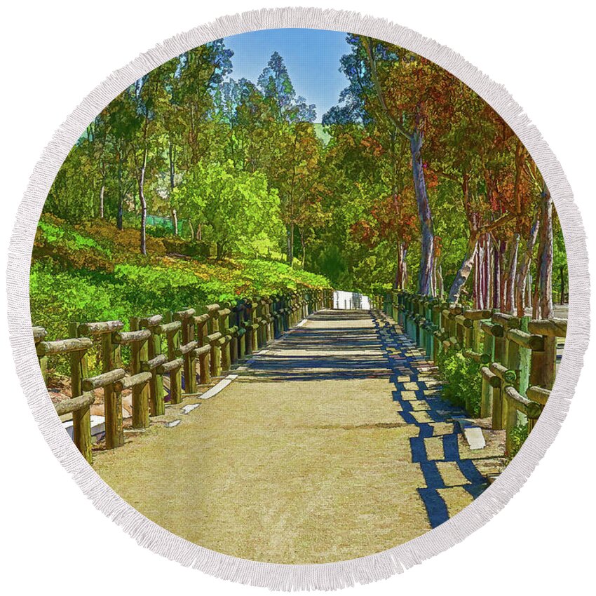 Linda Brody Round Beach Towel featuring the digital art Equestrian and Hiking Path IV Painterly by Linda Brody