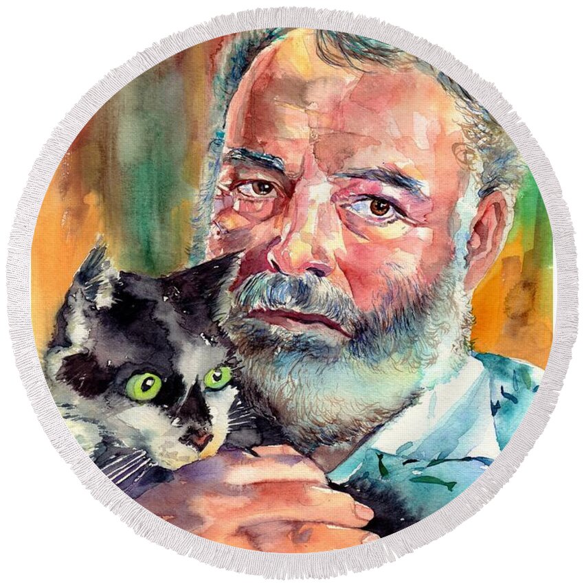 Ernest Miller Hemingway Round Beach Towel featuring the painting Ernest Hemingway Portrait by Suzann Sines