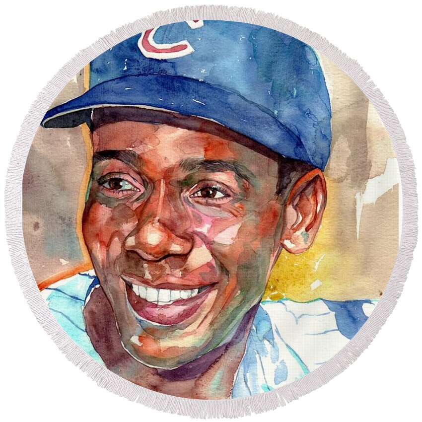 Ernest Banks Round Beach Towel featuring the painting Ernie Banks Portrait by Suzann Sines