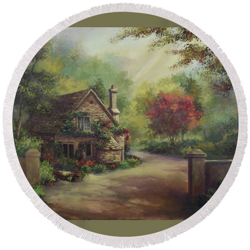 European Cottage Round Beach Towel featuring the painting European Cottage I by Lynne Pittard