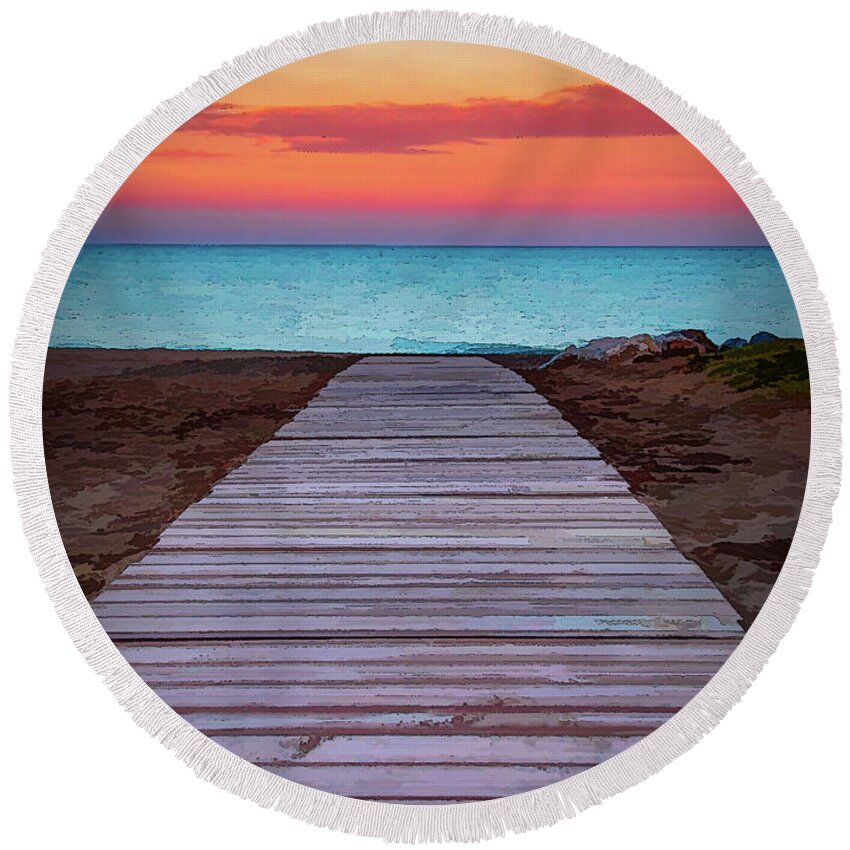 Sunset Round Beach Towel featuring the photograph Evening Colors of Torremolinos by Marcy Wielfaert
