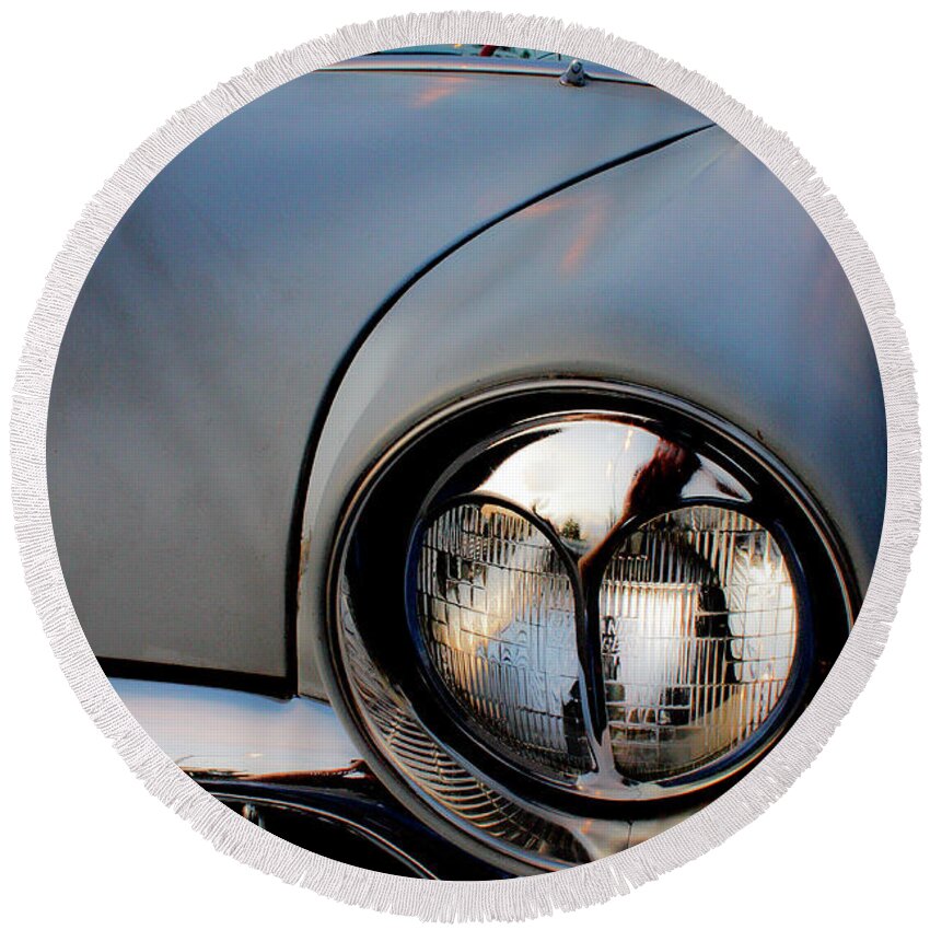 Car Round Beach Towel featuring the photograph Evening Headlight by Neil Pankler