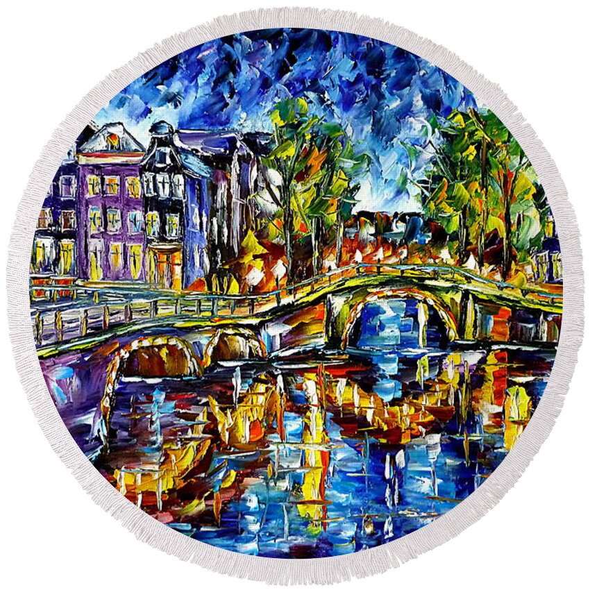 Holland Painting Round Beach Towel featuring the painting Evening Mood In Amsterdam by Mirek Kuzniar