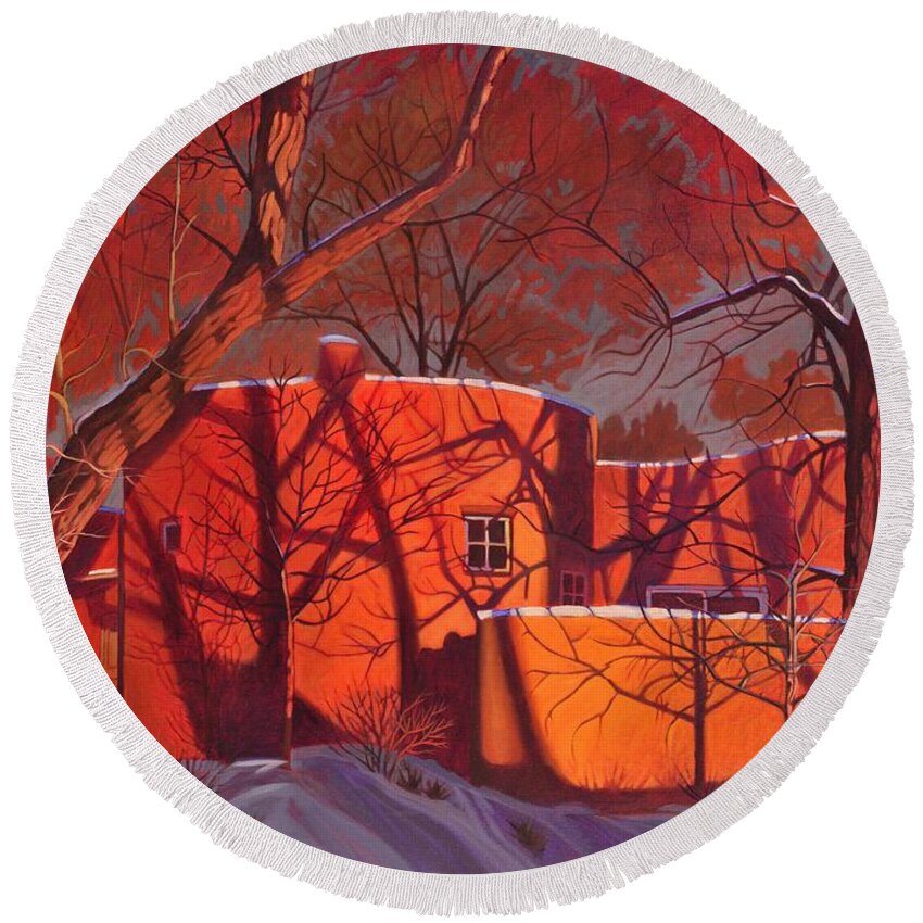 Taos Round Beach Towel featuring the painting Evening Shadows on a Round Taos House by Art West