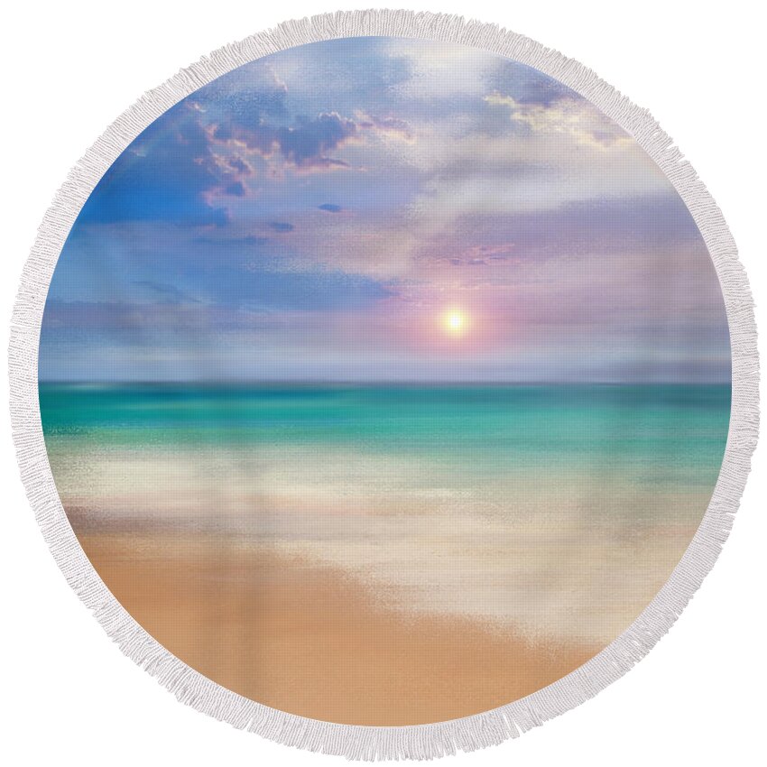 Seascape Round Beach Towel featuring the mixed media Eventide by Colleen Taylor