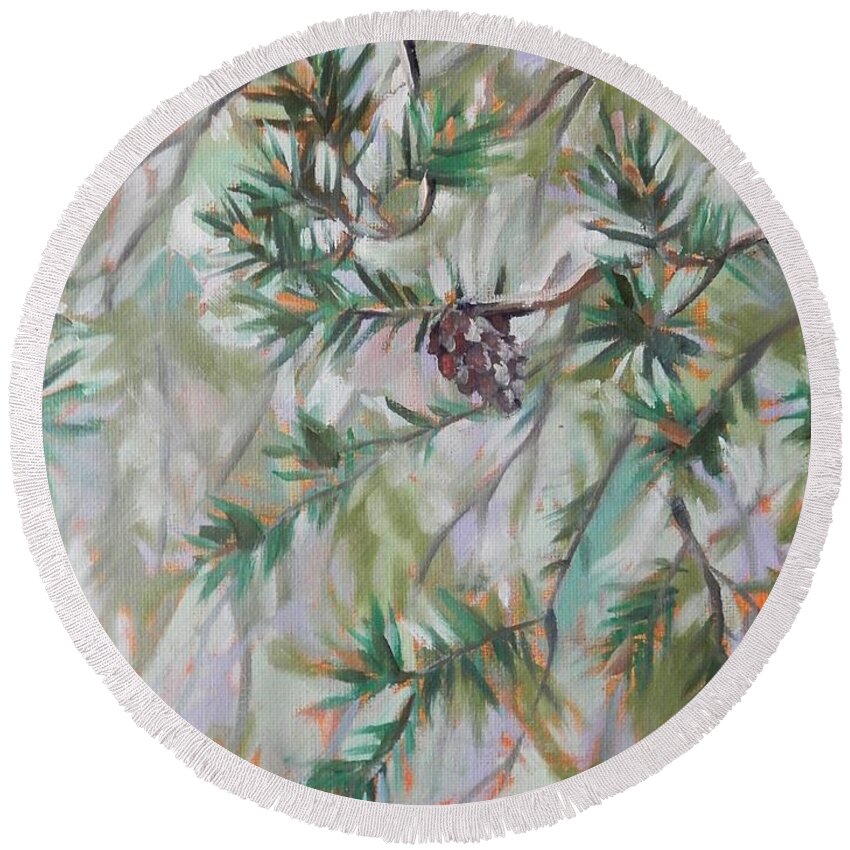Landscape Round Beach Towel featuring the painting Evergreen Twists by K M Pawelec