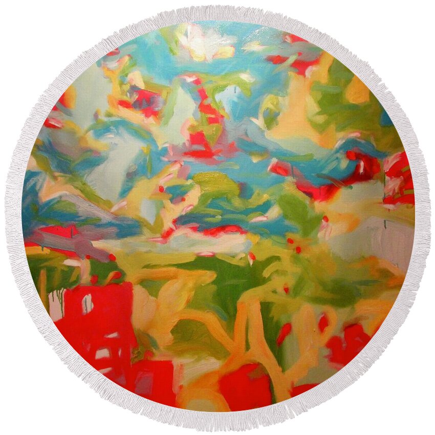 Red Round Beach Towel featuring the painting Everywhere At Once by Steven Miller