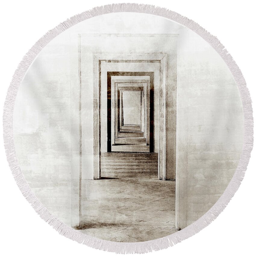 Linear Perspective Round Beach Towel featuring the digital art Faded Doors In The Distance by Phil Perkins