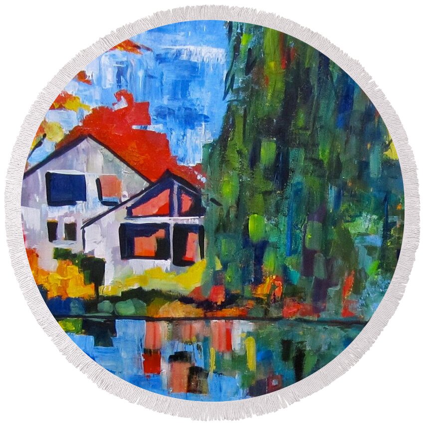 Pond Round Beach Towel featuring the painting Fall at Orchard Pond by Barbara O'Toole
