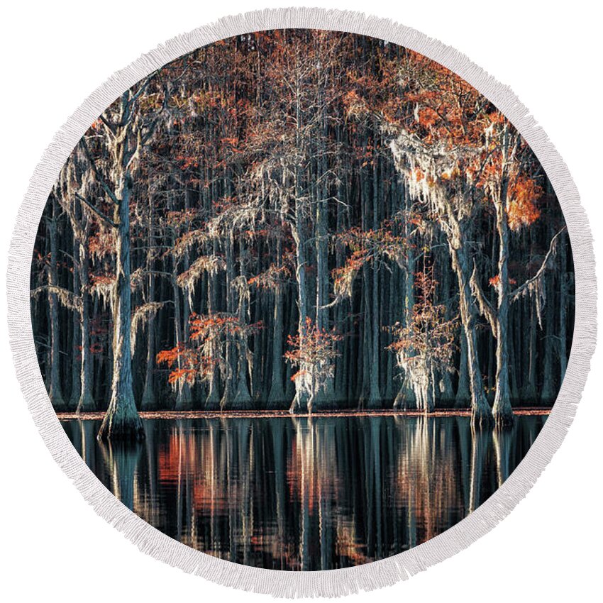 Abstract Round Beach Towel featuring the photograph Fall colors at the Cypress Lake by Alex Mironyuk