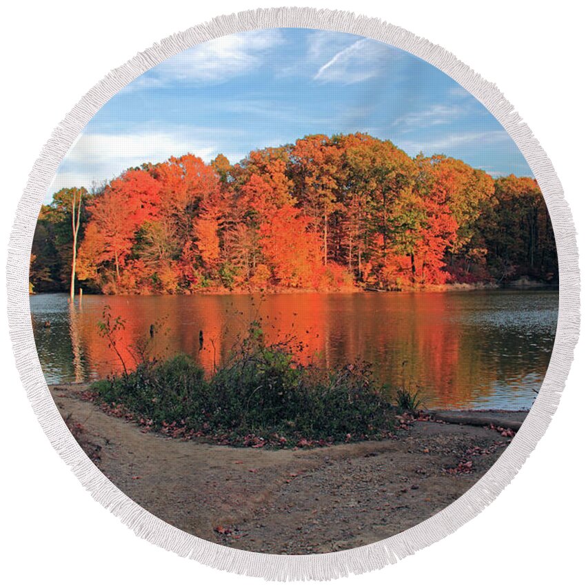 Landscape Round Beach Towel featuring the photograph Fall Day at the Creek by Angela Murdocks