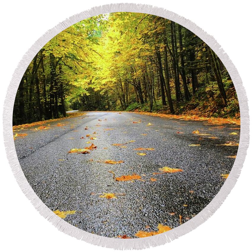 The Bright Yellows On The Fall Drive Were Stunning! Round Beach Towel featuring the photograph Fall Drive by Brian Eberly