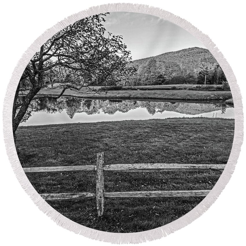 Weston Round Beach Towel featuring the photograph Fall Foliage Reflection Weston VT Tree Black and White by Toby McGuire