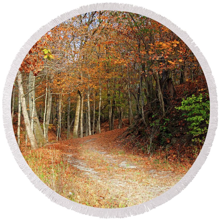 Fall Leaves On Path Round Beach Towel featuring the photograph Fall Leaves on Path by Angela Murdock