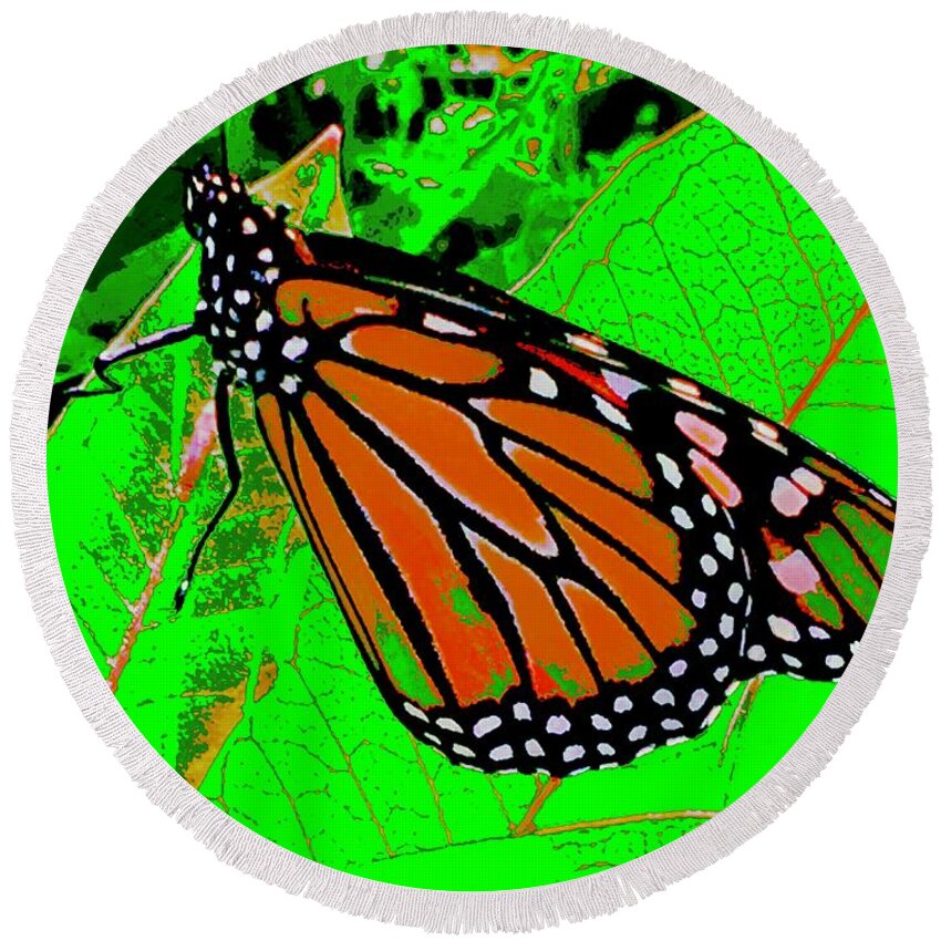 Green Round Beach Towel featuring the photograph Fall Monarch Too by Debra Grace Addison