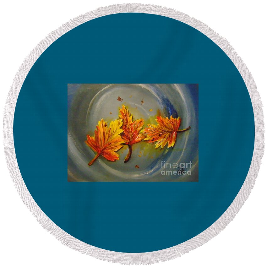 Leaves Round Beach Towel featuring the painting Fall Puddle by Saundra Johnson