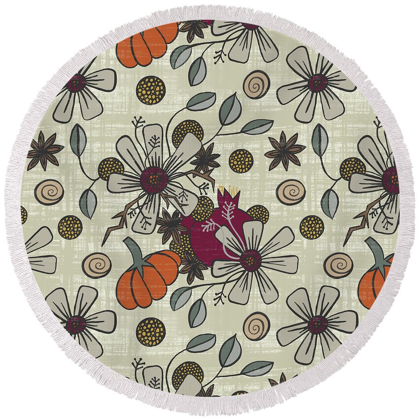 Harvest Round Beach Towel featuring the painting Fall Pumpkin Botanical Pattern Cream Background by Jen Montgomery