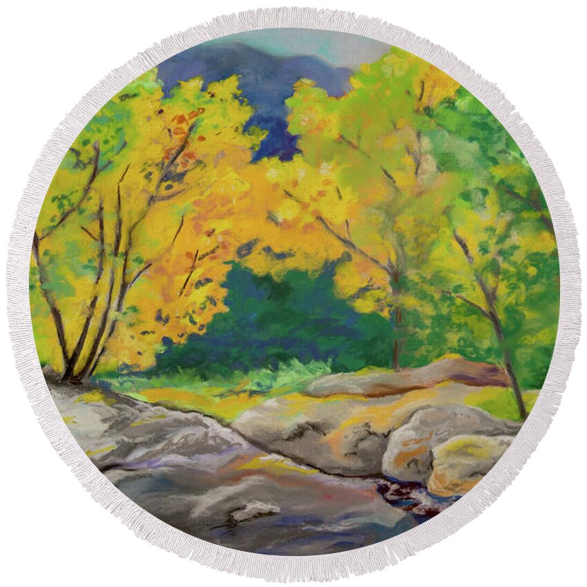 Fall Round Beach Towel featuring the pastel Fall Trees in the West by Margaret Zabor