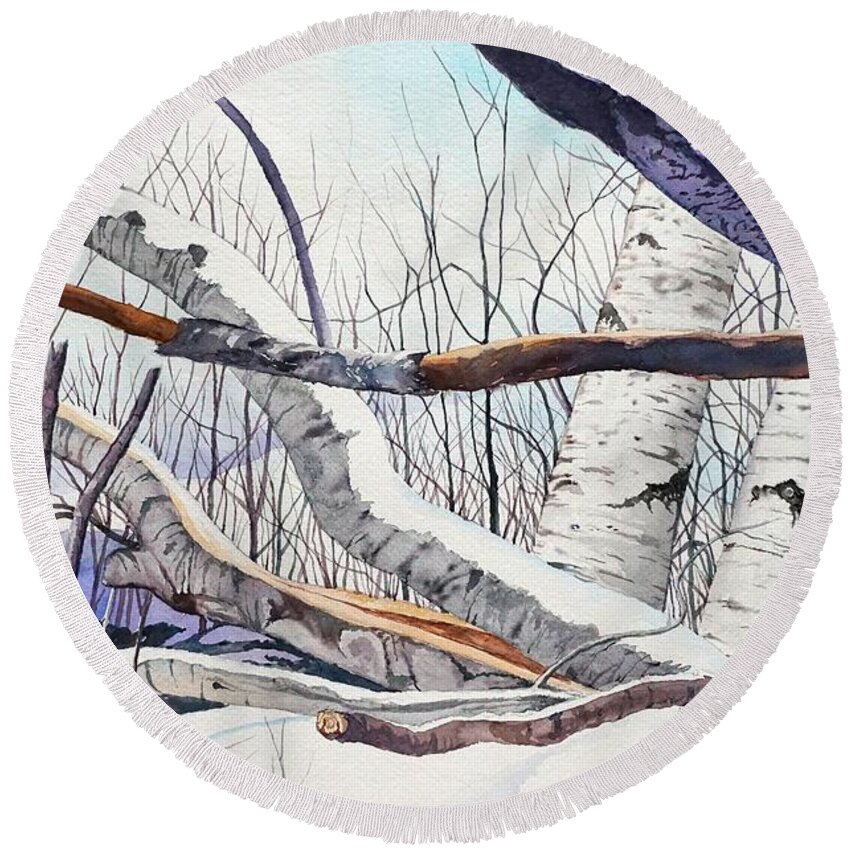Birch Trees Round Beach Towel featuring the painting Fallen Birch trees after the snowstorm in watercolor by Christopher Shellhammer