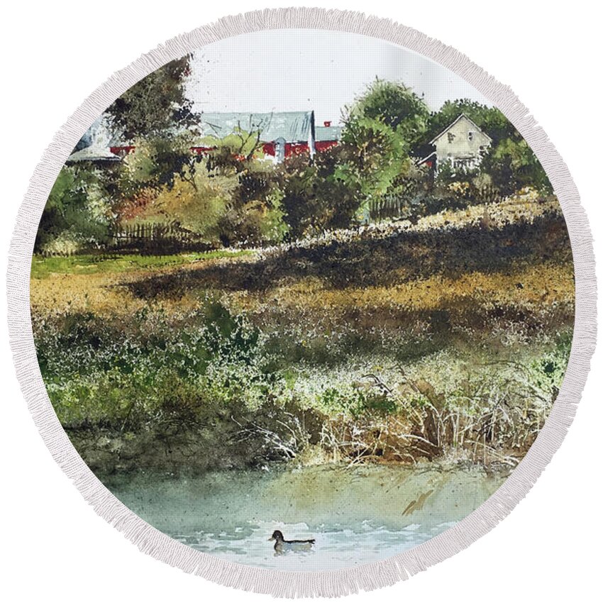 Two Ducks Swim In A Farm Pond Near Lancaster Round Beach Towel featuring the painting Farm Pond by Monte Toon
