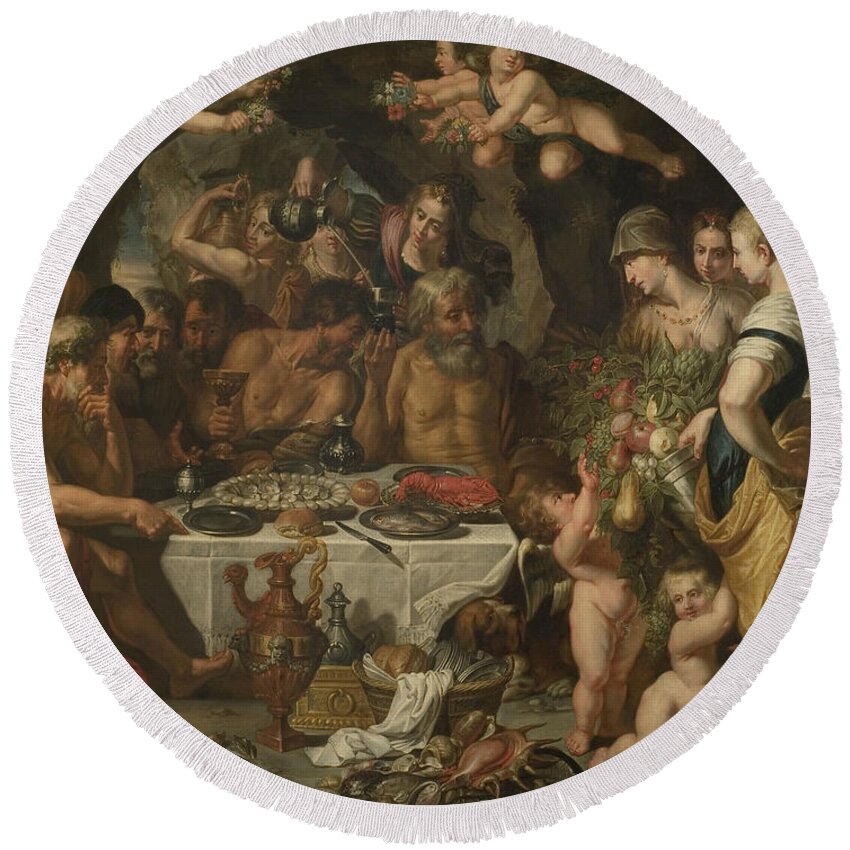 17th Century Art Round Beach Towel featuring the painting Feast of the Gods in a Cave near the Sea Shore by Gerard Seghers