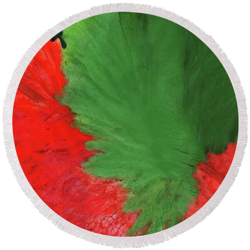 Abstract Round Beach Towel featuring the mixed media Feather Dancer Red and Green by Sharon Williams Eng