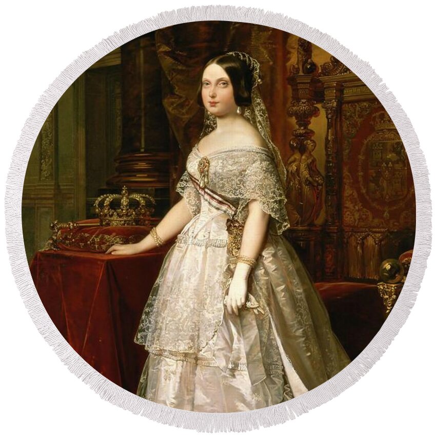Federico De Madrazo Round Beach Towel featuring the painting Federico Madrazo / 'Portrait of Isabella II of Spain', 1844, Oil on canvas. by Federico de Madrazo -1815-1894-