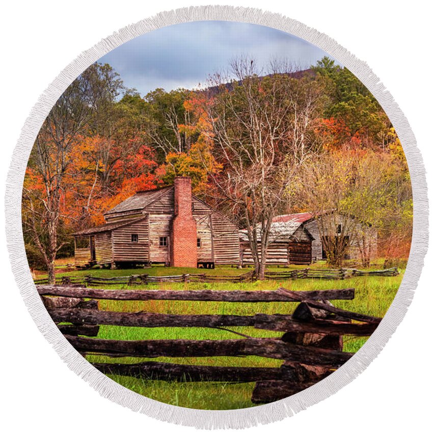 Appalachia Round Beach Towel featuring the photograph Fences and Cabins Cades Cove by Debra and Dave Vanderlaan
