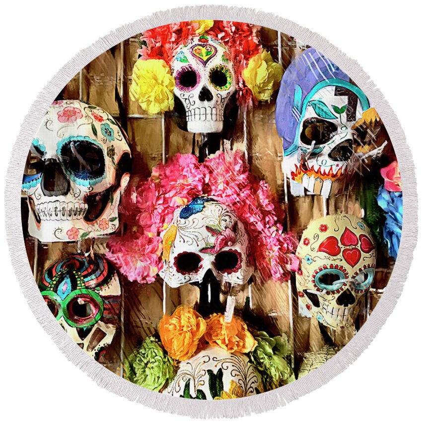 Festive Round Beach Towel featuring the photograph Festive Masks of the Dead by GW Mireles