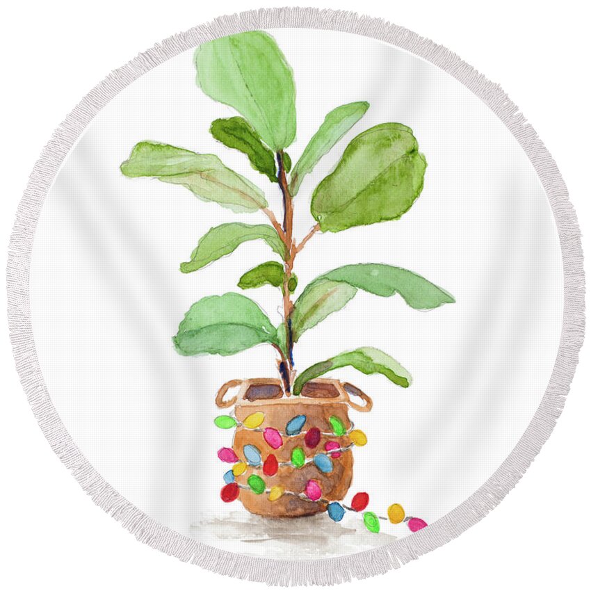 Fig Round Beach Towel featuring the mixed media Fiddle Fig Tree II by Lanie Loreth