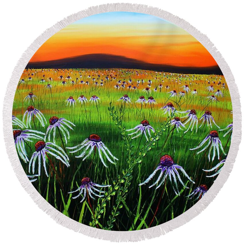  Round Beach Towel featuring the painting Field Of Prairie Purple Cone Wildflowers #2 by James Dunbar