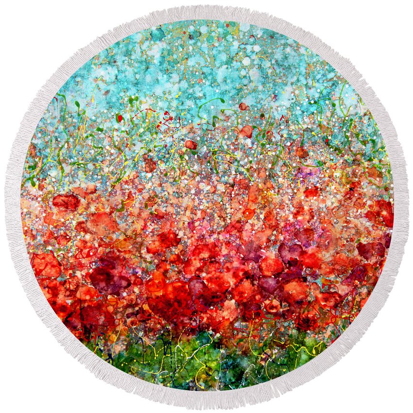 Art Round Beach Towel featuring the painting Field of Spring Abstract Poppies by OLena Art