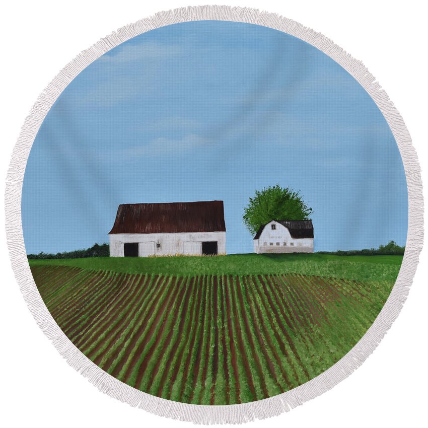 Landscape Round Beach Towel featuring the painting Fields by Gabrielle Munoz