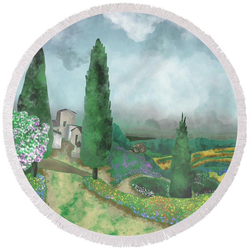 Fields Of Italy Round Beach Towel featuring the painting Tuscany - Fields of Italy by Patricia Piotrak