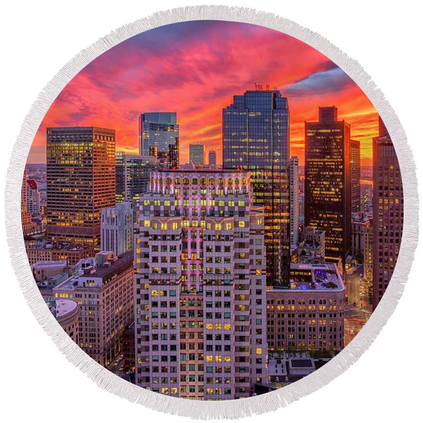 Boston Round Beach Towel featuring the photograph Fiery Sunset over Boston by Kristen Wilkinson