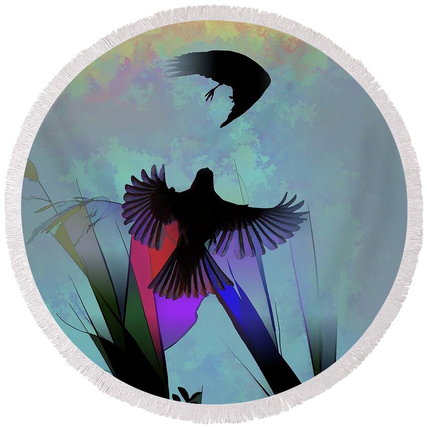 Linda Brody Round Beach Towel featuring the digital art Finches with Leaves I Silhouette Abstract by Linda Brody