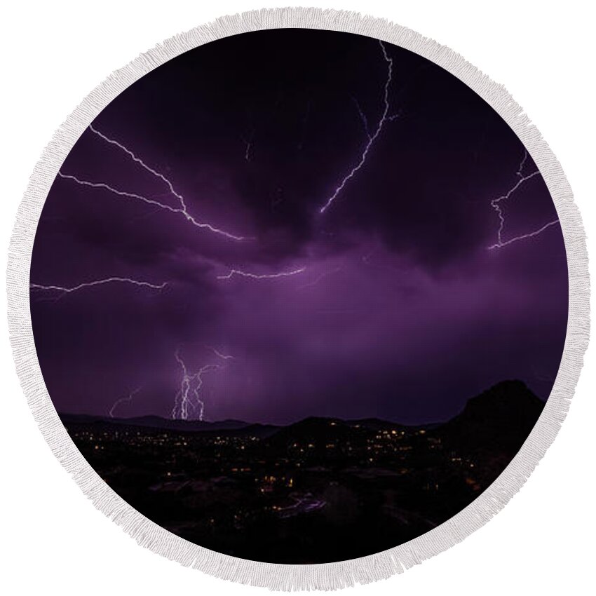 Lightning Round Beach Towel featuring the photograph Fingers Across the Sky by Aaron Burrows