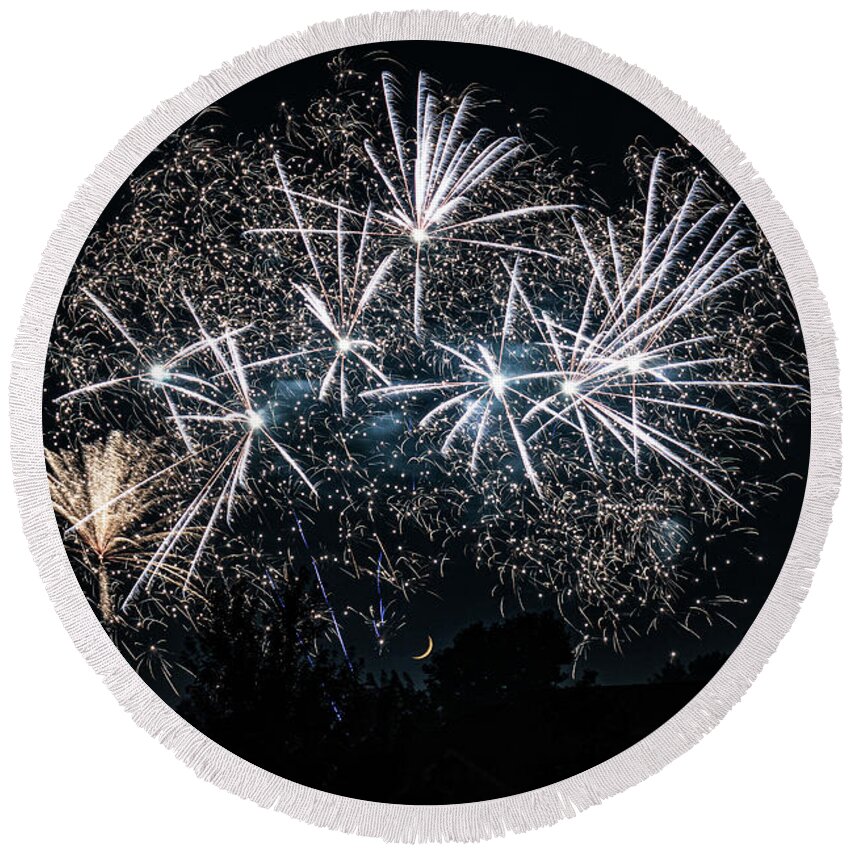 Fireworks Round Beach Towel featuring the photograph Fireworks and Moon 2 by Allin Sorenson