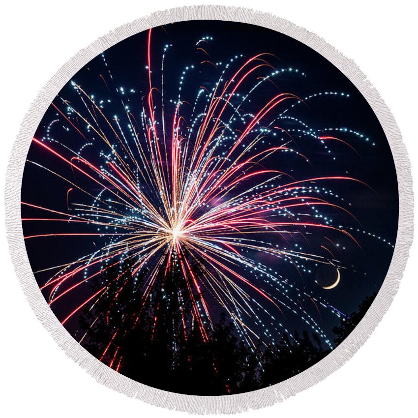 Fireworks Round Beach Towel featuring the photograph Fireworks and Moon by Allin Sorenson