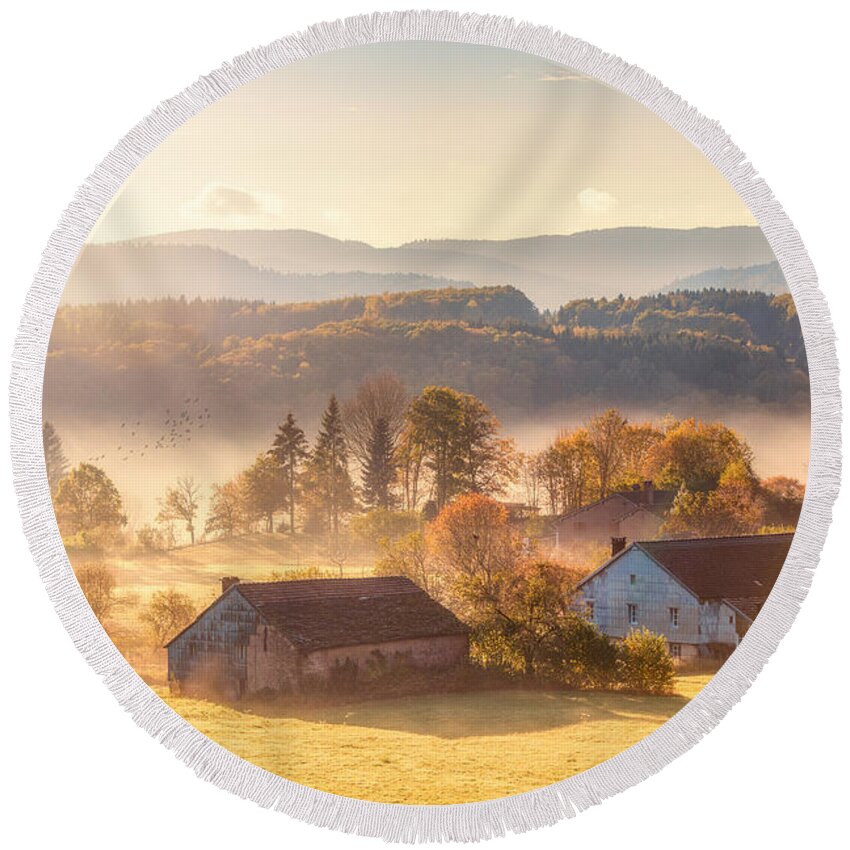Landscape Round Beach Towel featuring the photograph First Autumn Morning by Philippe Sainte-Laudy