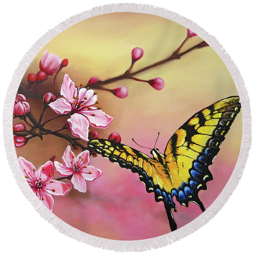 Butterfly Round Beach Towel featuring the painting First Blossom of the Morning by Joe Mandrick