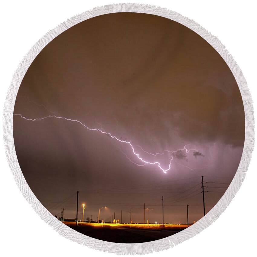 Nebraskasc Round Beach Towel featuring the photograph First Lightning Captures of 2019 004 by Dale Kaminski