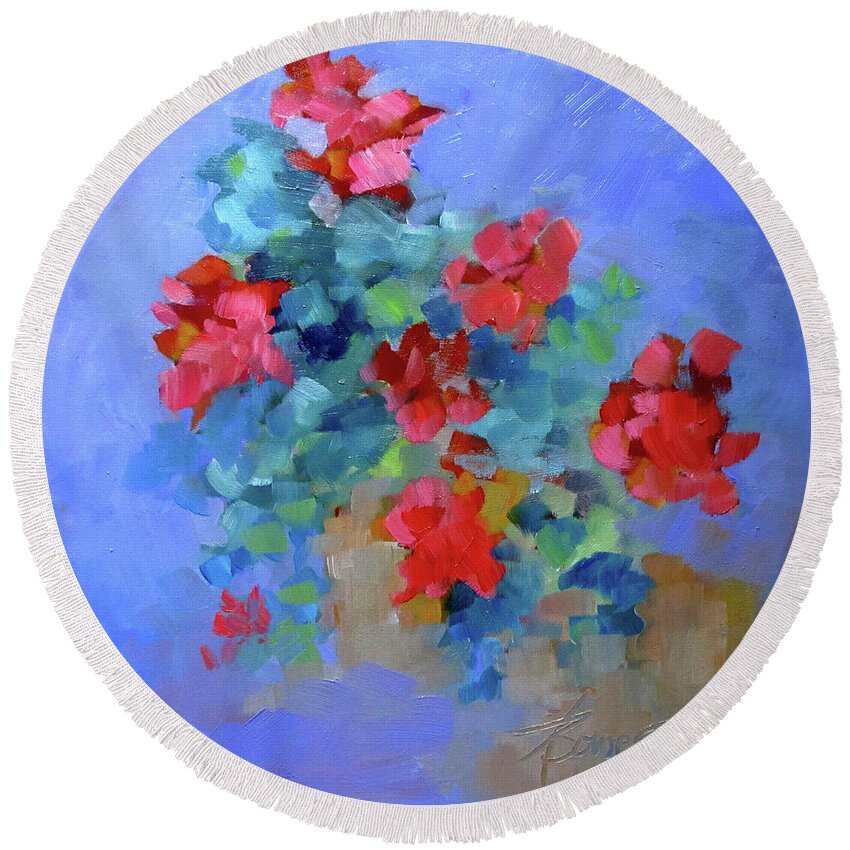 Geraniums Round Beach Towel featuring the painting First Thing by Adele Bower