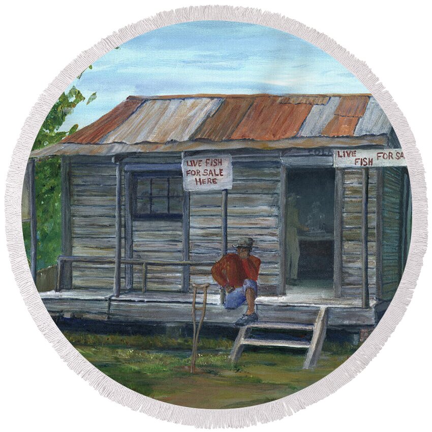 Store Round Beach Towel featuring the painting Fish Store, Natchitoches Parish, Louisiana by Lenora De Lude
