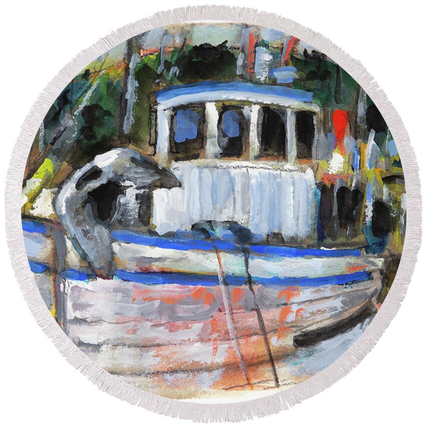 Garibaldi Harbor Round Beach Towel featuring the painting Fishing Boat at Garibaldi by Mike Bergen